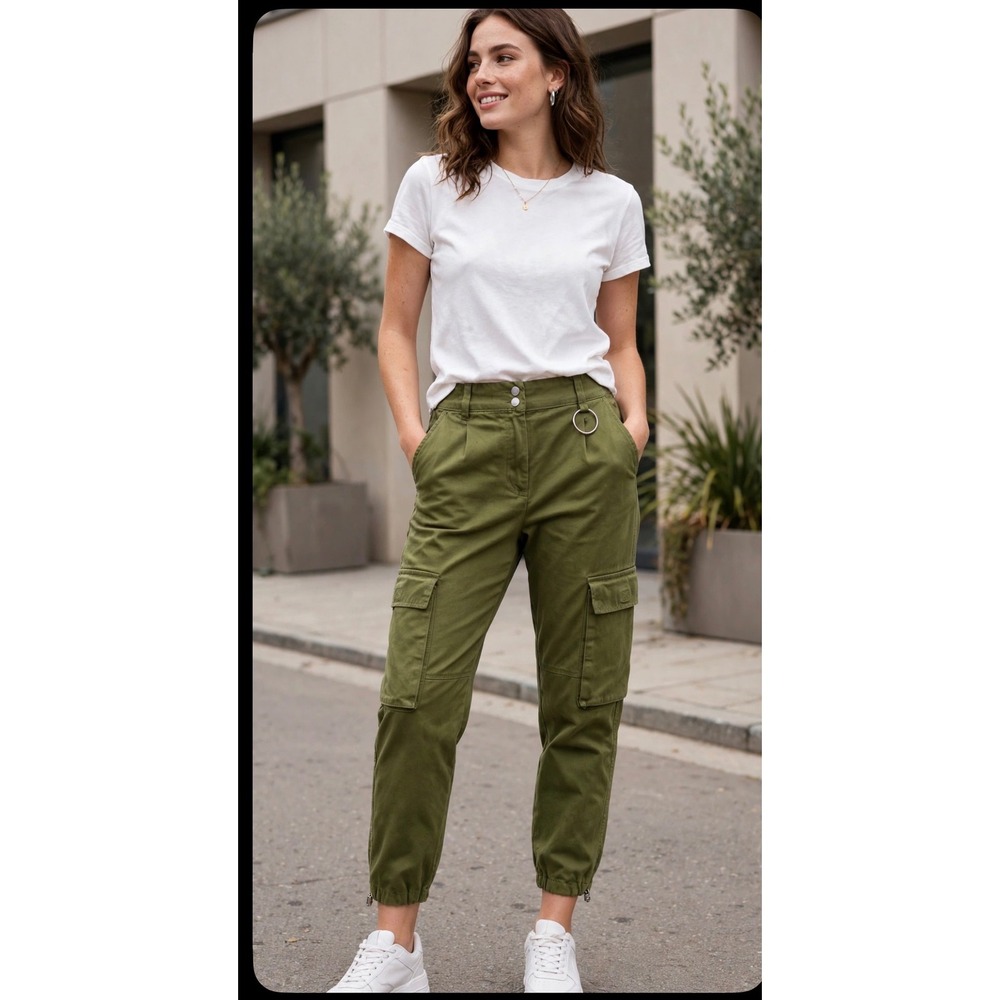Bershka Olive Green Cargo Jogger Pants High Waisted Utility Zipped Cuff Size 4